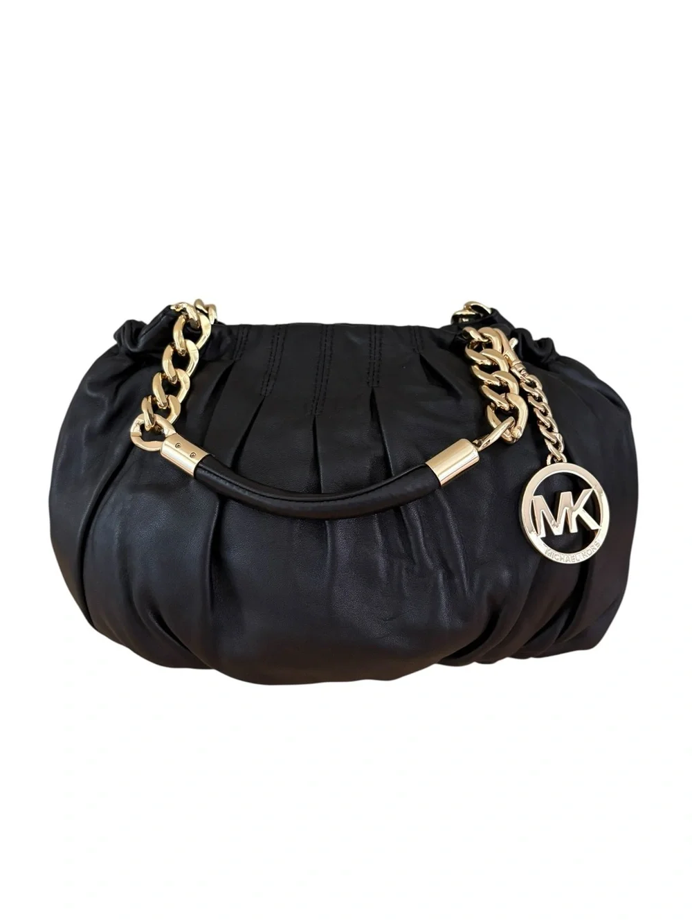 Michael Kors Erin Black Leather Shoulder Bag with Gold Chain and Charm